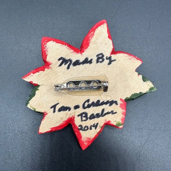 Christmas Brooch Pin Handcrafted Wooden Poinsettia Red Flower Holiday Jewelry - Picture 4 of 8